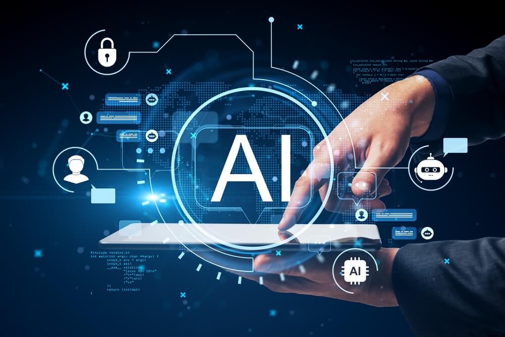 Human hand interacting with tablet showing AI interface, futuristic digital symbols, glowing tech background, concept of smart technology.