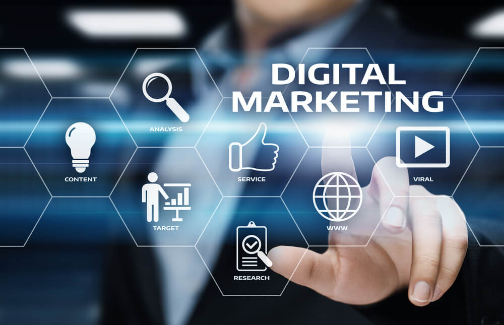 Businessman pointing on digital marketing presenttaion.