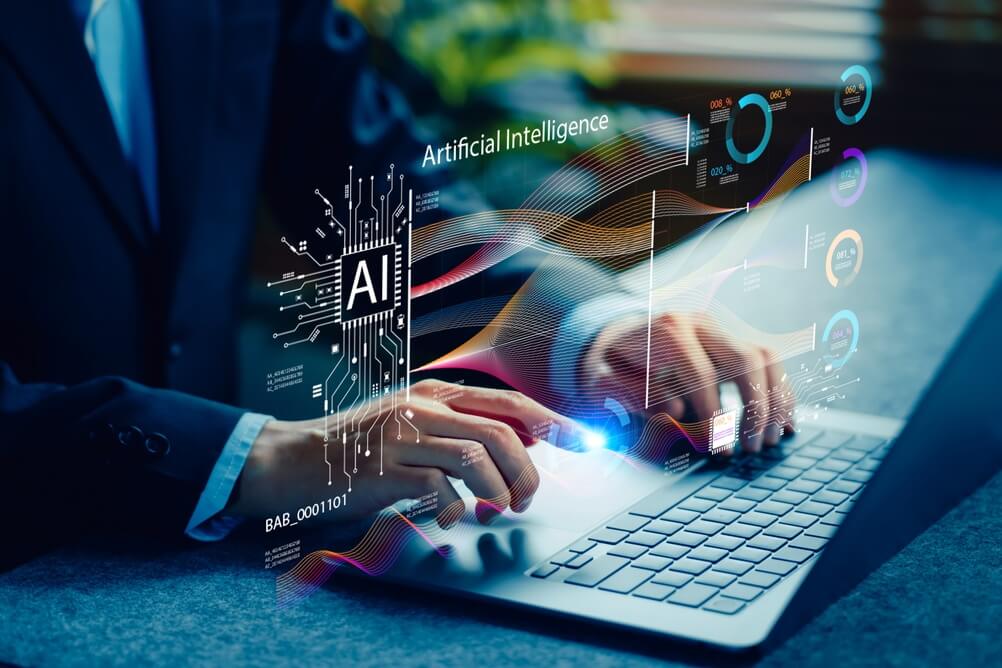 Businessman working on laptop with artificial intelligence for digital marketing,