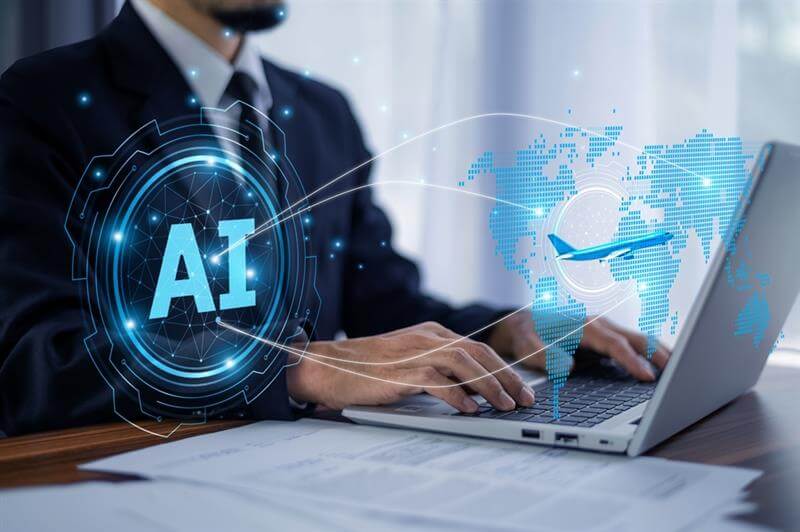 Businessman using AI technology across the globe.