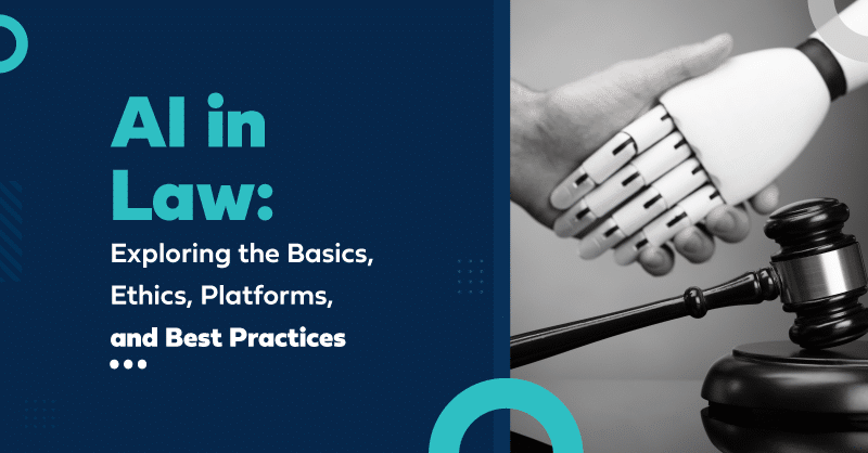 Robotic hand shakes human hand beside gavel, symbolizing AIs role in legal systems.