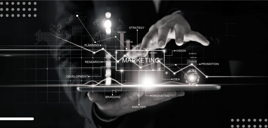 Person using a futuristic tablet interface for marketing analytics with dynamic graphs and strategic insights.