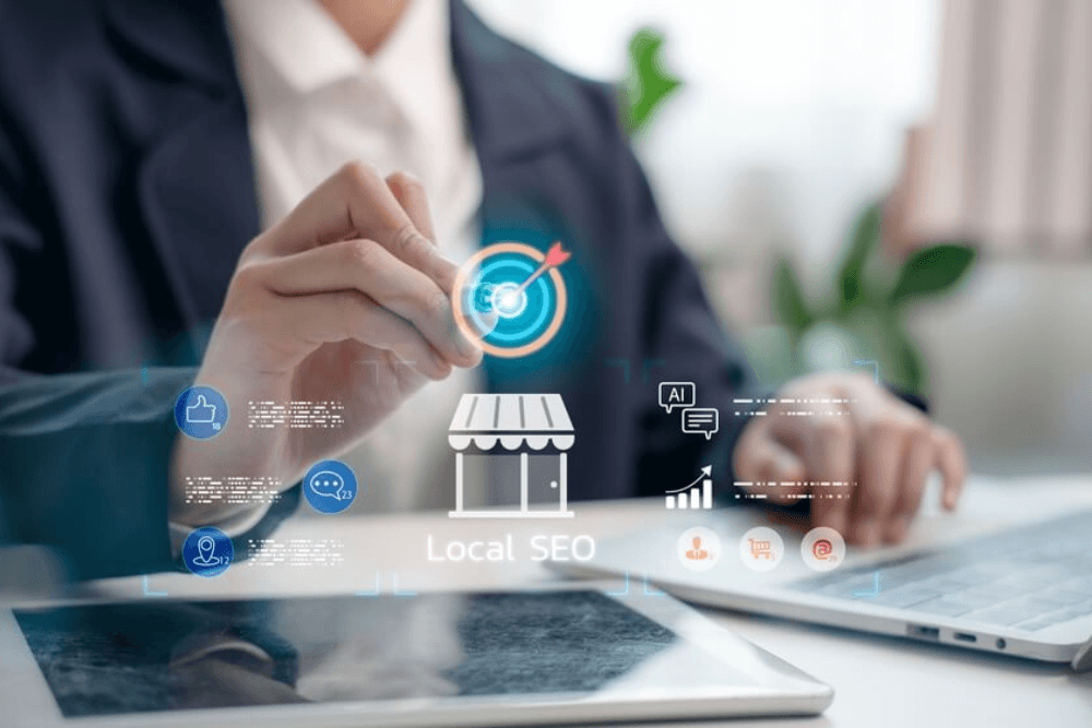 Business person working on local SEO strategy with digital marketing icons and google business profile location.
