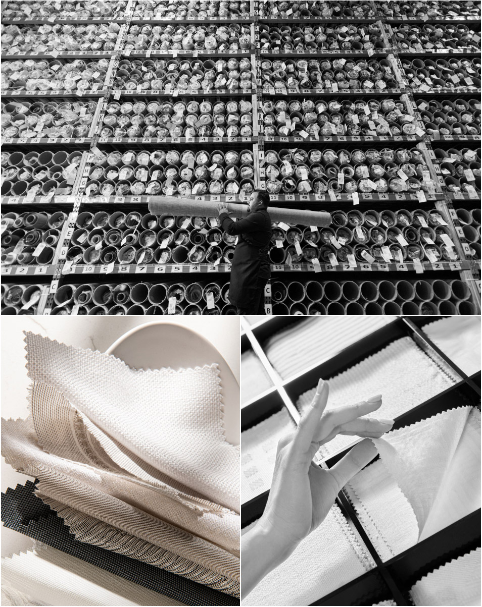A collage of images show rows of fabric rolls in The Shade Store warehouse as well as swatches in drawers