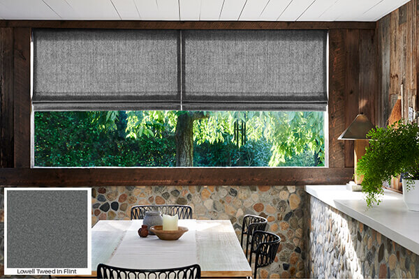 A warm, stone-inspired grey like Lowell Tweed in Flint on these Flat Roman Shades is one of the trending window shade design ideas today