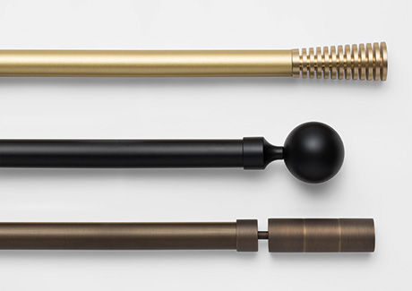 A product image of Madison Track in Gold, Black and Bronze shows stylish hardware for sliding glass door curtain ideas
