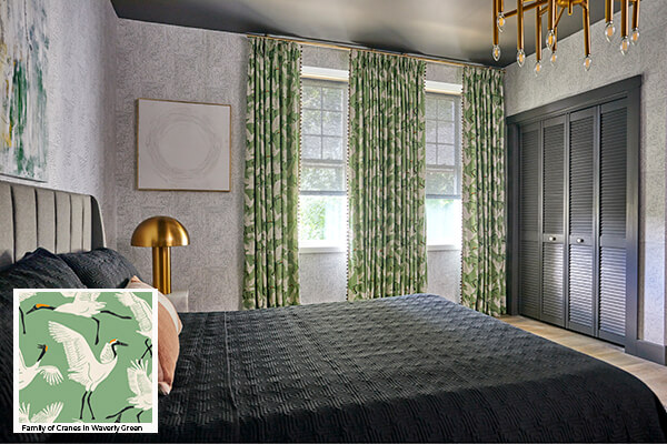 Geometric patterns, one of the window treatment trends 2026, is seen in this bedroom's drapes with a hand-drawn crane pattern