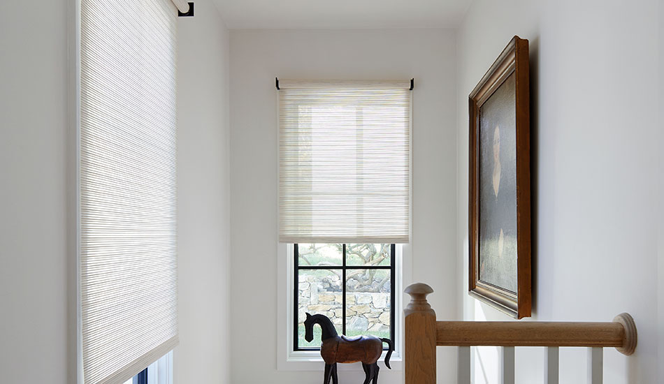 Roller shades on stairwell windows with light-filtering fabric, showcasing modern types of blinds and practical types of window blinds for windows in narrow spaces