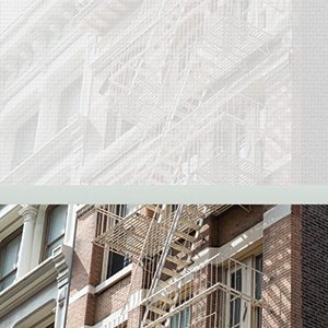 A product image of a Solar Shade with 5% transparency shows a building that you can see through the shade