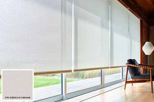 Solar Shades made with 10% Solistico in Oatmeal covering a row of large windows are one of the window treatment trends of 2026