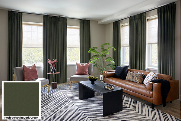 Earthy tones like Posh Velvet in Dark Green found on these Tailored Pleat Drapes are one of our trending window drapes of 2026