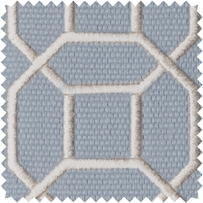 A swatch of Samuel & Sons Sakiori Embroidered trim in Porcelain shows a hexagonal stitch design on a light blue background