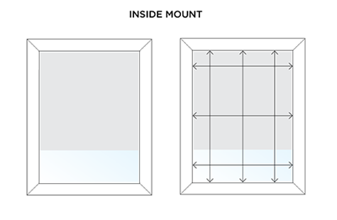 An illustration indicates how to measure for an inside mount installation by measuring 3 times for height and width