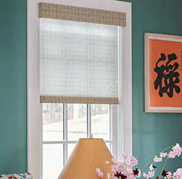 A turquoise-painted room has privacy shades in the Roller Shade style made of light filtering Houndstooth material in Cargo as modern window treatments for filtered light and privacy