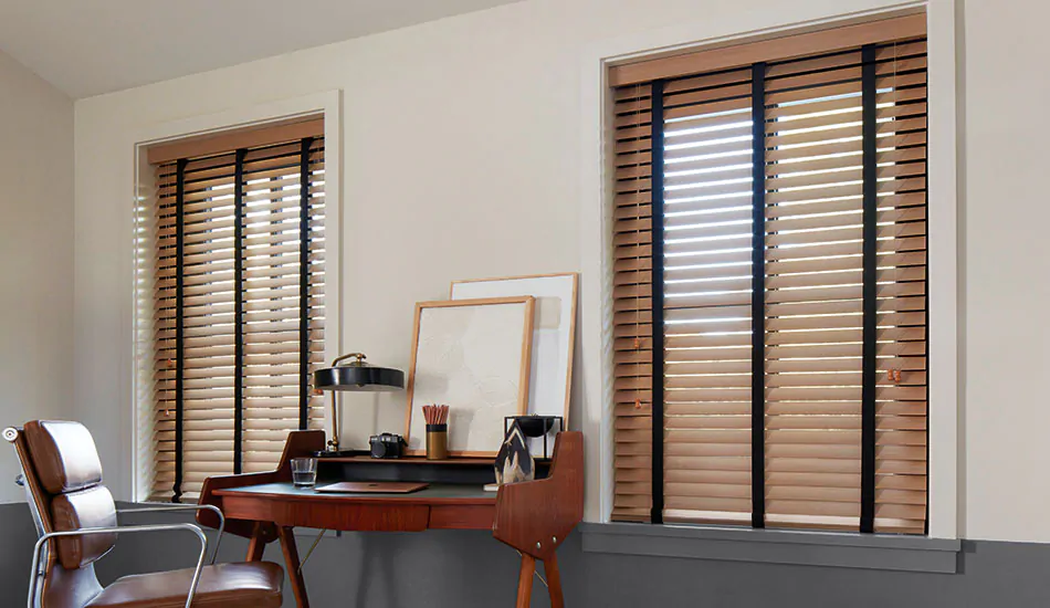 Cat proof blinds include Wood Blinds made of 2-inch Exotic in Oak that are durable & beautiful in a mid-century modern office